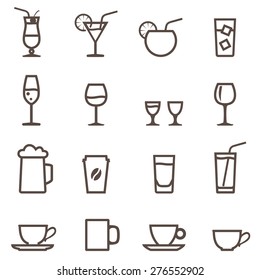 set of linear icon. Glassware for beverages. Cocktails, glasses and cup.