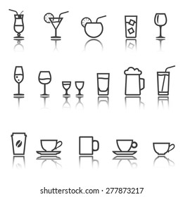 set of linear icon. Glassware for beverages. Cocktails, glasses and cup. shadow reflection. e p s 1 0 