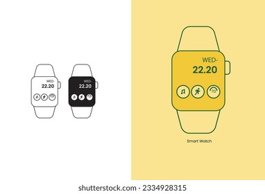 A set of linear icon illustrations depicting smart watches, wearable electronic devices, presented in a simple outlined style. Suitable for various design projects and applications