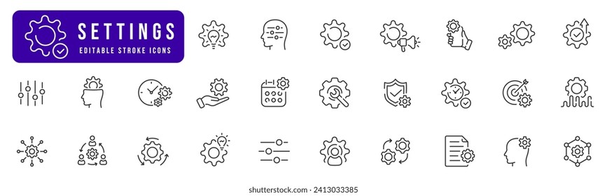 Conjunto de iconos lineales sobre configuración, preferencias o configuración. Elementos de engranaje, llave, cog, símbolo de herramienta. 