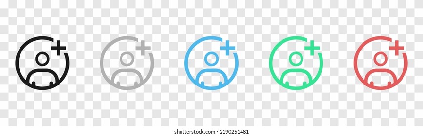 Conjunto de iconos lineales añadir a los amigos en fondo transparente. Icono para aplicaciones y comunicación. Concepto de medios sociales. Icono del hombre en un círculo. Ilustración vectorial.