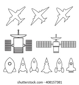 Set of linear icons of airplanes, satellites and rockets