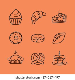 Set of linear icons for the bakery and cooking consisting of symbols such as cake, donut, pretzel, pie, cake, croissant