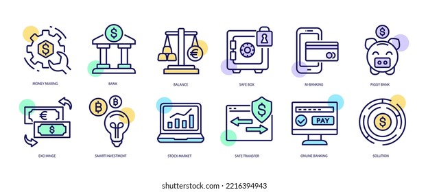 Set of linear icons with Banking and Finance concept in purple, yellow on blue colors. Icons depicting components of banking system. Vector illustration.