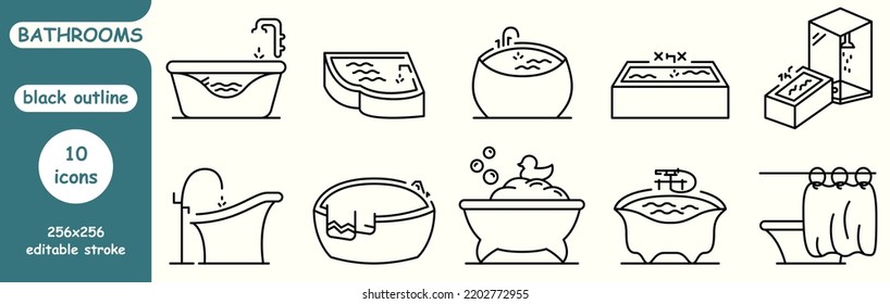 set of linear icons "bathrooms". black outline. icon set: corner bathtub, corner bathtub, duck and foam bathtub and others. browser icons.
