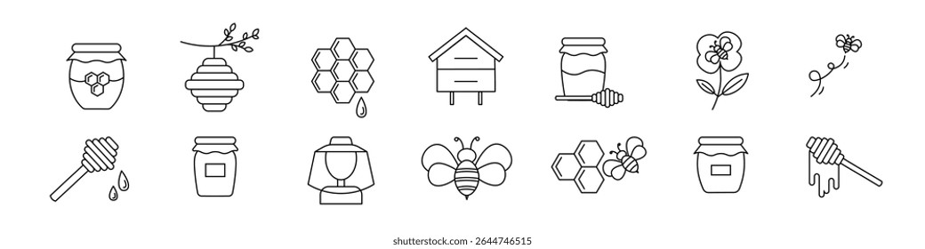 Set of linear icons. Beekeeping concept, apiaries and honey production.
Outline icons of a bee on a flower, a hive, a honeycomb, and honey in a jar.
Vector illustration.
