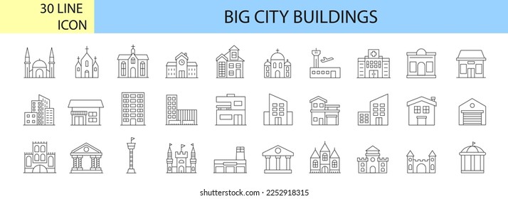 Conjunto de íconos lineales de los edificios de las grandes ciudades. Arquitectura urbana. Instituciones estatales, monumentos religiosos y culturales. Centros educativos y edificios residenciales