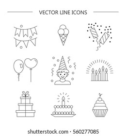 Set of linear icons.  Birthday.  Vector illustration.