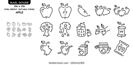 set of linear icons with black outline apple. set of apples: half an apple, apples under a tree, apple juice and others. black outline. browser icons.