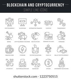 Set of linear icons of blockchain and cryptocurrency with names.