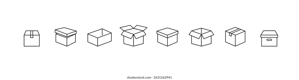 Conjunto de ícones lineares de caixas de diferentes formas. Embalagens de cartão para entrega.