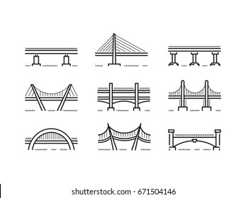 Conjunto de ícones lineares pontes de diferentes tipologias e desenhos. Pontes de logotipos vetoriais em estilo de contorno plano isoladas no fundo branco.