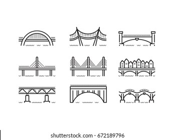 Set of linear icons bridges of different typologies and designs. Vector logos bridges in flat outline style isolated on white background.