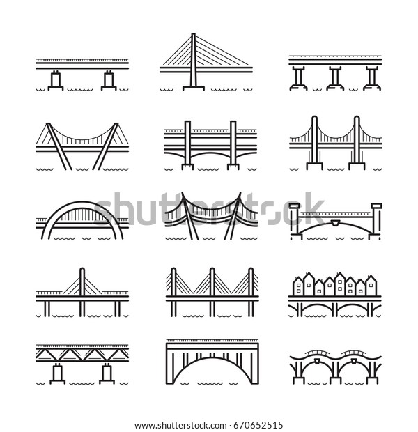 さまざまなタイポロジとデザインの線形アイコンブリッジのセット 白い背景に平らな輪郭スタイルのベクター画像ロゴ橋 のベクター画像素材 ロイヤリティフリー