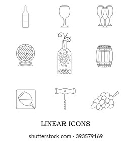 Set of linear icons. A bunch of grapes and an oak barrel for wine. Bottle of alcohol and glasses. Logo for your design. Vector illustration.