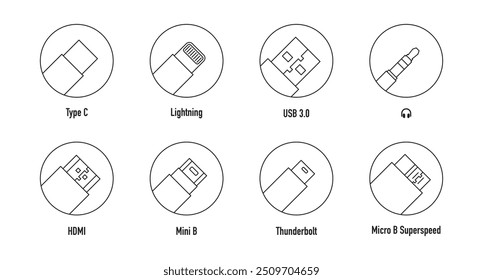 Conjunto de ícones lineares de cabos e conectores: Tipo C, Relâmpago, USB 3.0, HDMI, Mini B, Thunderbolt, Micro B Superspeed, mini jack.