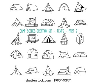 Set of linear icons of camping tents. 