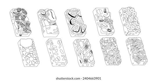 Conjunto De Iconos Lineales Que Captan La Esencia De Los Bares Granola. Limpios Y Mínimalistas, Estos Signos Representan Orejas, Nueces, Miel