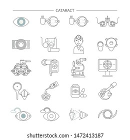 Set of linear icons cataract, ophthalmology. Lenses, eyeball, glasses.