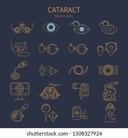 Set of linear icons cataract, ophthalmology. Lenses, eyeball, glasses.