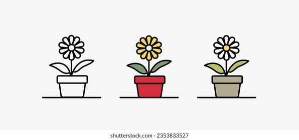 Set of linear icons of chamomile in a pot, logo, sign. Eco product concept, pharmacy, natural cosmetics, sunflower. Vector illustration.