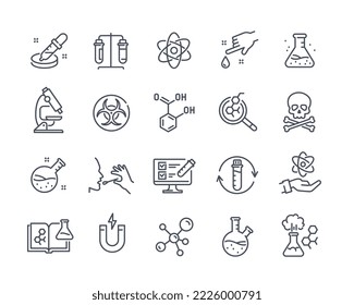 Satz linearer Symbole des chemischen Labors. Glaskolben und Durchstechflaschen mit Chemikalien, radioaktiven Gefahrenzeichen, Experiment und Ausrüstung. Cartoon-einfache Vektorgrafik, einzeln auf weißem Hintergrund