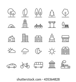 Set Of Linear Icons Of City Landscape Elements.  Thin Icons For Web, Mobile Applications Design