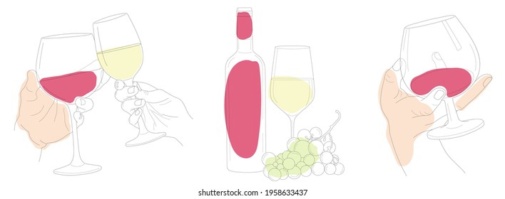 a set of linear icons with color accents, wine glasses in hand, wine in a bottle and a glass, a bunch of grapes