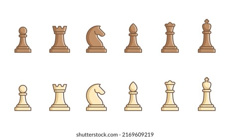 Set of linear icons with color shapes, types of chess pieces