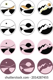 conjunto de iconos lineales con puntos de color, paisaje, naturaleza, montañas, sol, carretera, amanecer, puesta de sol