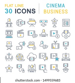 Set of linear icons with colored elements of cinema business for websites, applications and programs