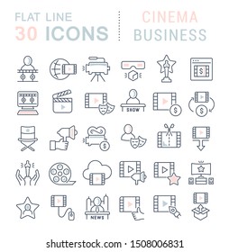 Set of linear icons with colored elements of cinema business for websites, applications and programs