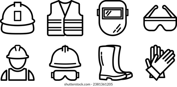 Conjunto de iconos lineales del equipo protector de construcción para su diseño