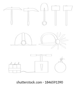 set of linear icons of construction tools on a white background: helmet, shovel, sledgehammer, ax, pickaxe, dynamite. black thin lines. vector isolated