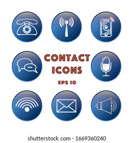 Set of linear icons and contact buttons: phone, smartphone, wifi, letter, chat, loudspeaker, cellular, microphone ... Stock vector illustration.