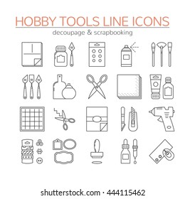 Set Of Linear Icons. Craft Tools And Supplies For Scrapbooking And A Decoupage. EPS 10 Vector File.