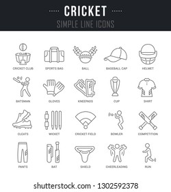 Set of linear icons of cricket with names.