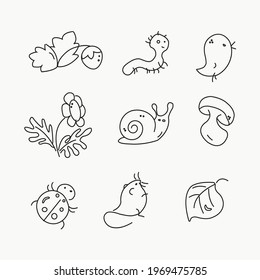 set with linear icons of cute cartoon creatures