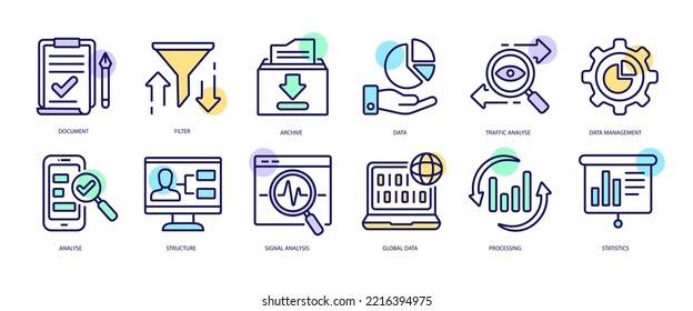 Set of linear icons with Data Analysis concept in purple, yellow on blue colors. Images of complex processes involving data analysis from various gadgets. Vector illustration.