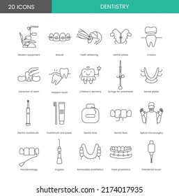 A set of linear icons for a dental clinic includes modern equipment, braces, teeth whitening, wisdom tooth, children's dentistry and syringe for anesthesia. Vector illustration toothbrush and paste