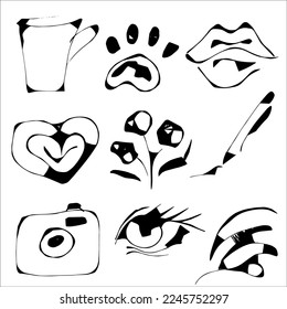 conjunto de íconos lineales que representan una cámara, corazones, un ramo de flores, una huella animal y una taza. Vector