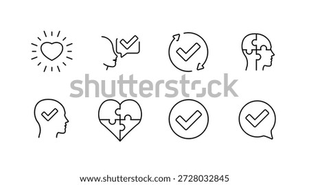 Set of linear icons depicting checkmarks, puzzle pieces, and human profiles