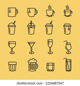 set of linear icons of drinks in different glasses and mugs for menus in cafes and restaurants