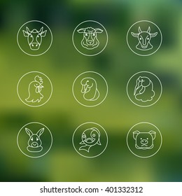 a set of linear icons farm animals in the blurry background