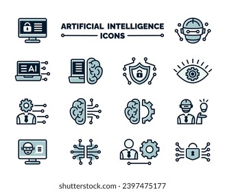 A set of linear icons with fill on the theme of artificial intelligence, security, and technology.