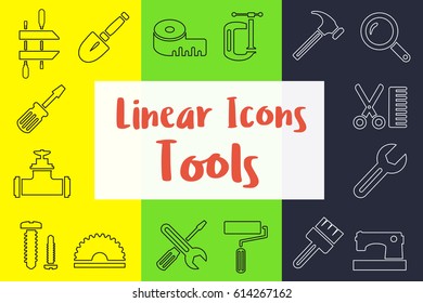 Set of linear icons in the flat style manufactured type with industrial tools and objects