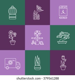 Set of linear icons for Flower or Florist shop.
Hello spring and summer. Different types of House plants illustration.