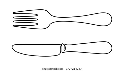 Conjunto de iconos lineales de tenedor y cuchillo. Cubiertos perfilados negros aislados sobre fondo blanco.