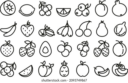 A set of linear icons of fruits and berries. Fruit of trees and bushes in color. Apple, pear, avocado, grapes, figs, pineapple, banana and other species. Vector. Contour graphics. 