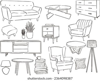 A set of linear icons of furniture and decorative items. Vector illustration